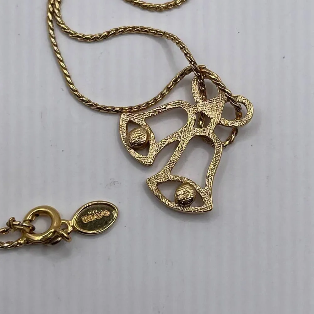 VTG 1980 Avon Gold Tone Christmas Bell Necklace Red Glowing Bells 17 Inches‎